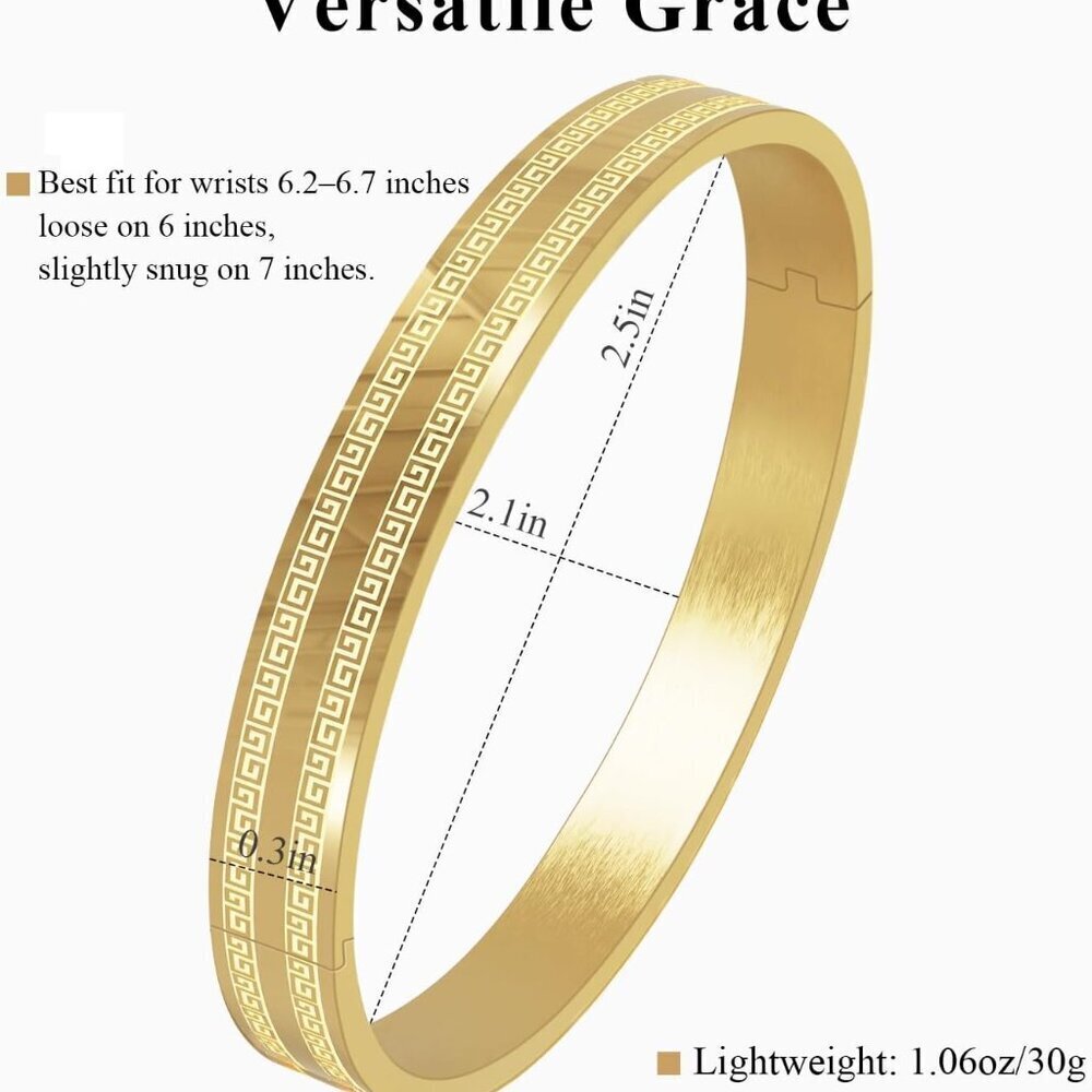 Gold Bangle Bracelet Women Stainless Steel 7.1in Greek Key Gift Holiday - Picture 4 of 8